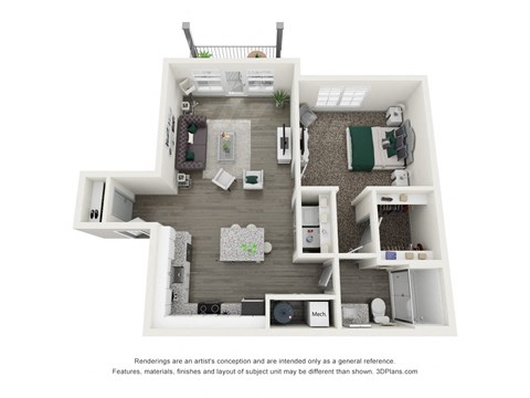 Floor plan for 1 bed, 1 bath, 740 sqft